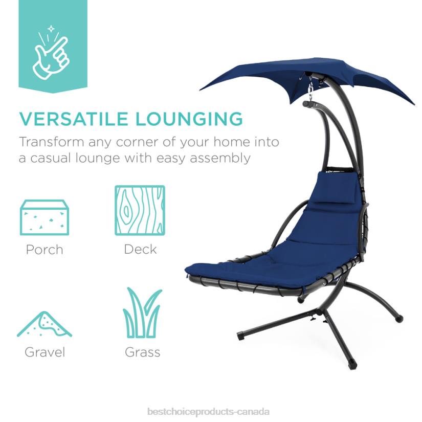 4LT2819 Navy Blue Best Choice Products Hanging Curved Chaise Lounge Chair w/ Built-In Pillow, Removable Canopy