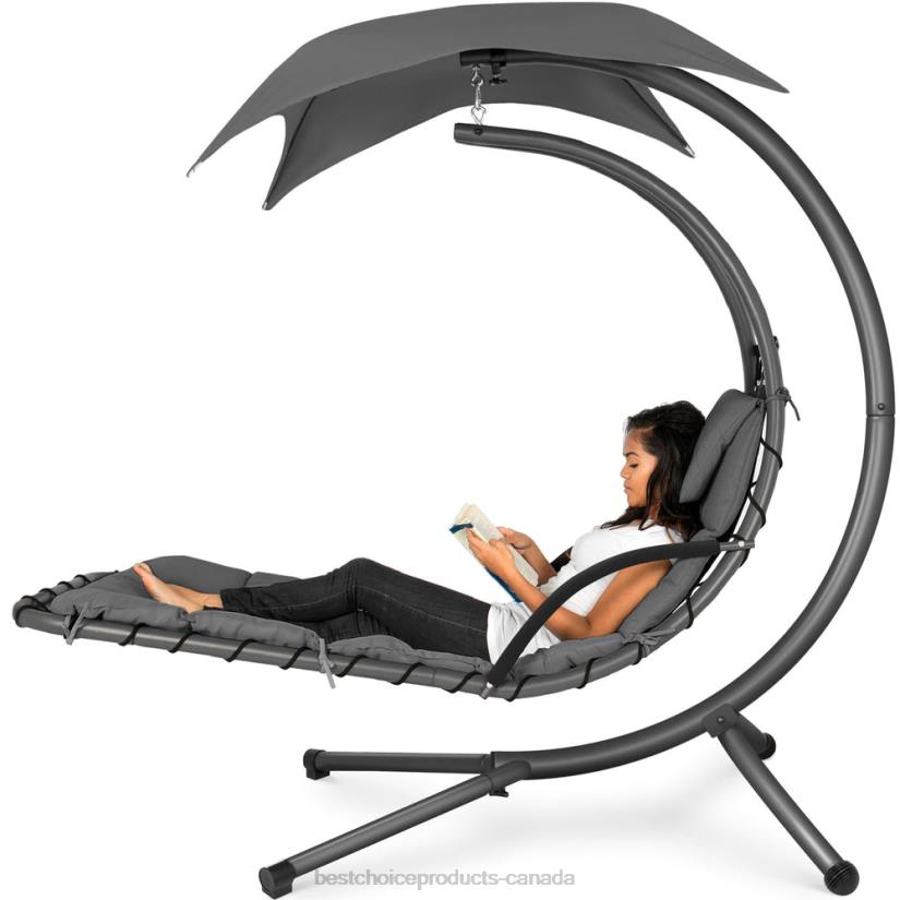 4LT2820 Charcoal Gray Best Choice Products Hanging Curved Chaise Lounge Chair w/ Built-In Pillow, Removable Canopy