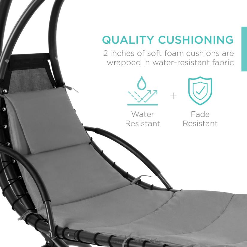 4LT2820 Charcoal Gray Best Choice Products Hanging Curved Chaise Lounge Chair w/ Built-In Pillow, Removable Canopy