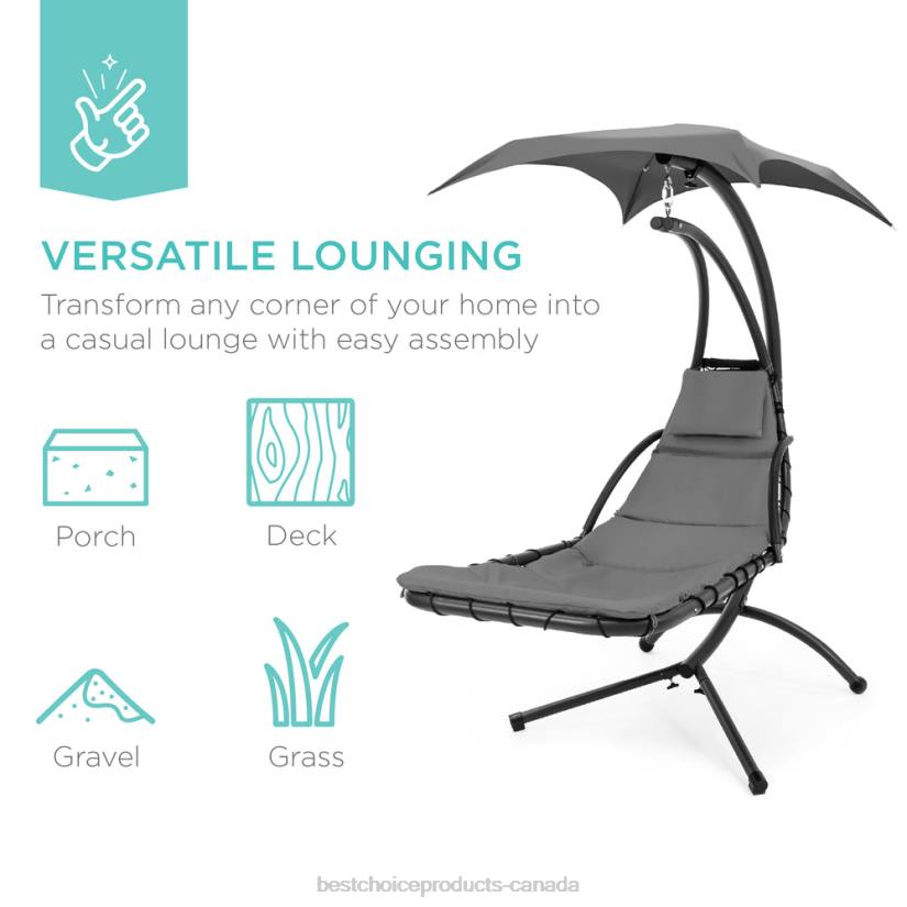 4LT2820 Charcoal Gray Best Choice Products Hanging Curved Chaise Lounge Chair w/ Built-In Pillow, Removable Canopy