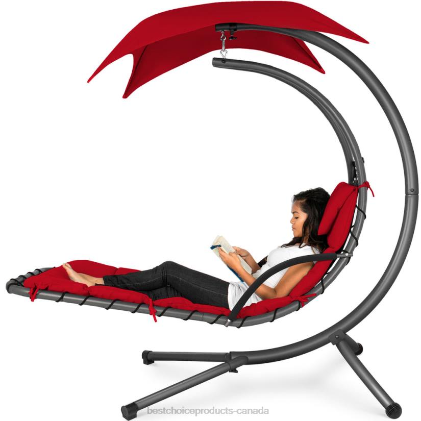 4LT2821 Red Best Choice Products Hanging Curved Chaise Lounge Chair w/ Built-In Pillow, Removable Canopy