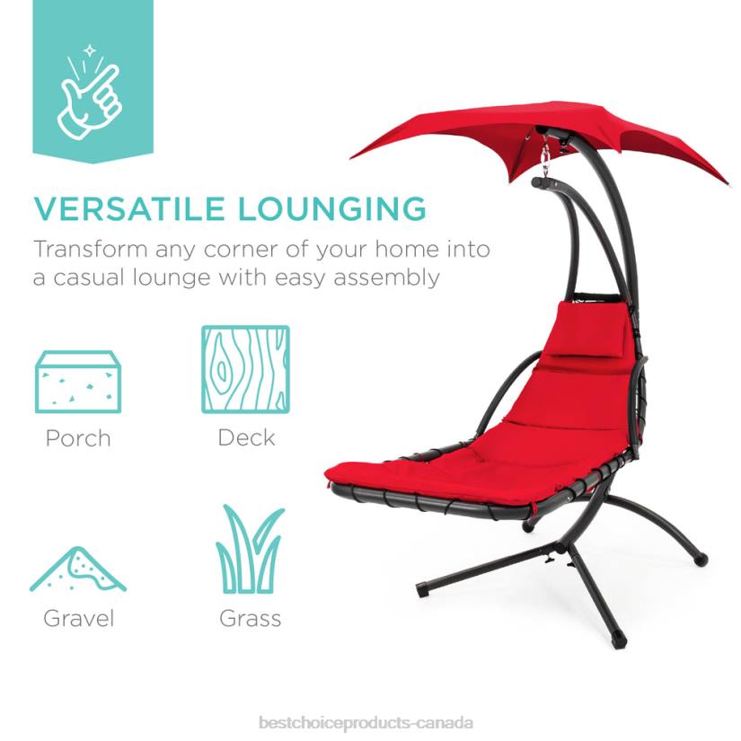 4LT2821 Red Best Choice Products Hanging Curved Chaise Lounge Chair w/ Built-In Pillow, Removable Canopy