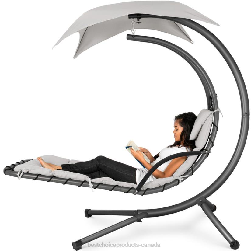 4LT2822 White Sand Best Choice Products Hanging Curved Chaise Lounge Chair w/ Built-In Pillow, Removable Canopy