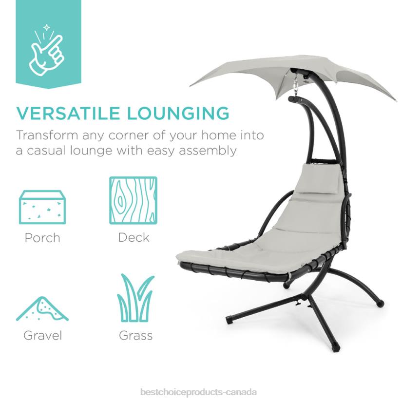 4LT2822 White Sand Best Choice Products Hanging Curved Chaise Lounge Chair w/ Built-In Pillow, Removable Canopy