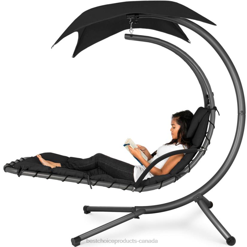 4LT2823 Black Best Choice Products Hanging Curved Chaise Lounge Chair w/ Built-In Pillow, Removable Canopy