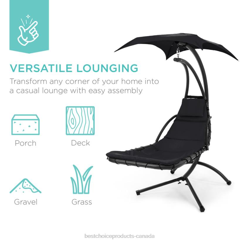 4LT2823 Black Best Choice Products Hanging Curved Chaise Lounge Chair w/ Built-In Pillow, Removable Canopy