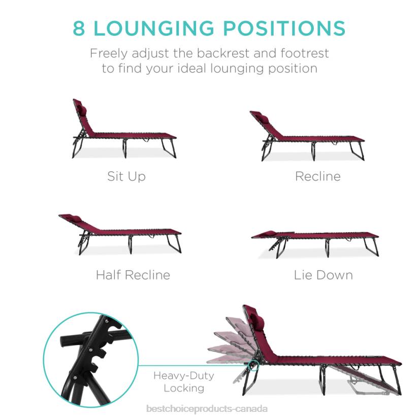 4LT2836 Wine Red Best Choice Products Portable Patio Chaise Lounge Chair Outdoor Recliner w/ Pillow