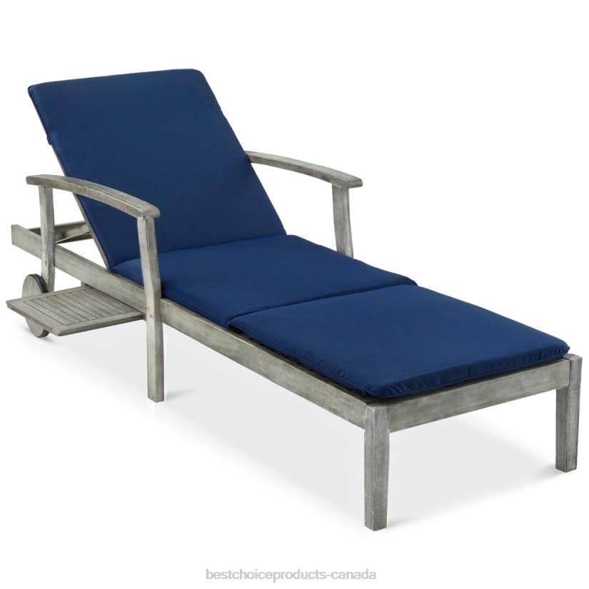 4LT2871 Gray/Navy Best Choice Products Adjustable Acacia Wood Chaise Lounge Chair w/ Side Table, Wheels