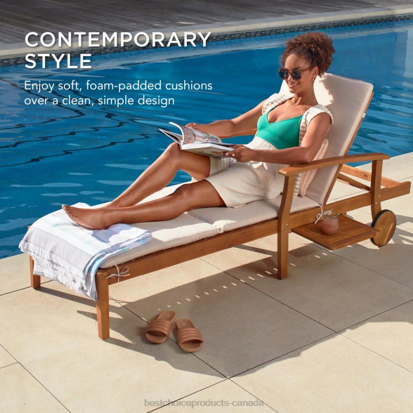 4LT2872 Cream Best Choice Products Adjustable Acacia Wood Chaise Lounge Chair w/ Side Table, Wheels