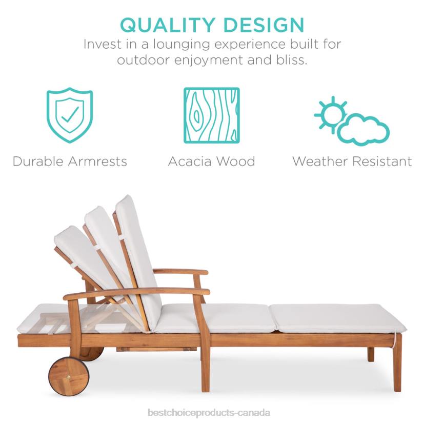 4LT2872 Cream Best Choice Products Adjustable Acacia Wood Chaise Lounge Chair w/ Side Table, Wheels