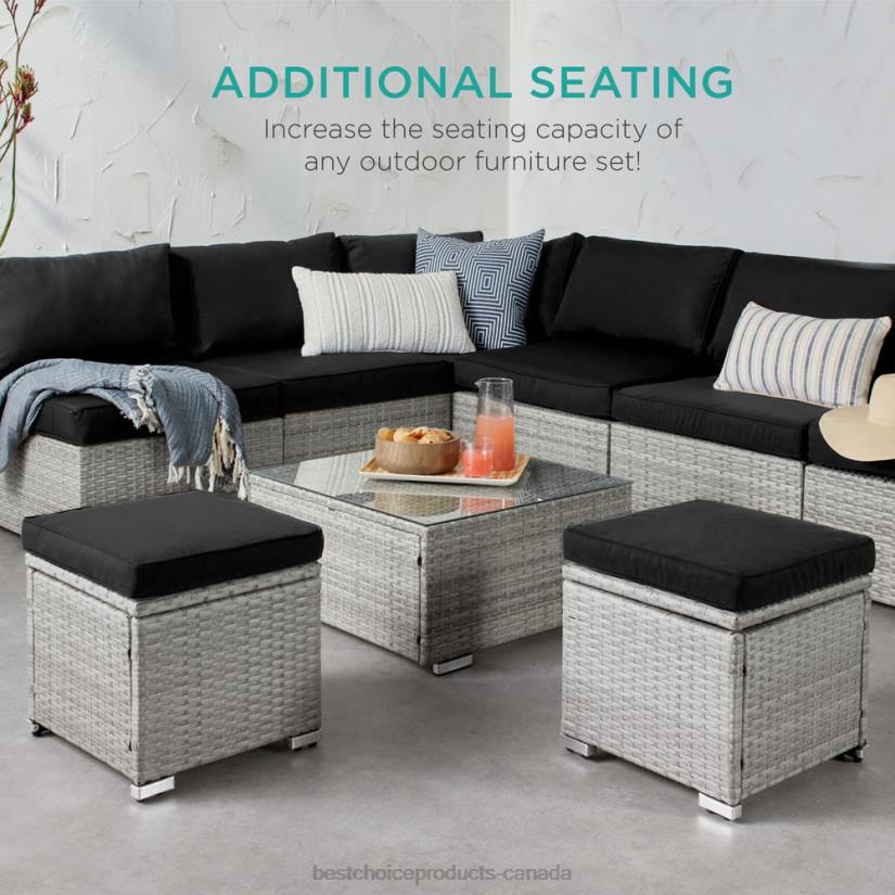 4LT2896 Gray/Black Best Choice Products Set of 2 Wicker Ottomans, Multipurpose w/ Removable Cushions, Steel Frame