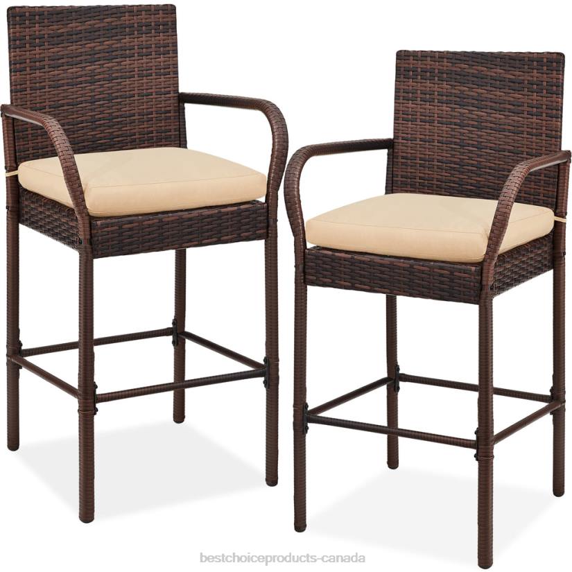 4LT2934 Brown Best Choice Products Set of 2 Indoor Outdoor Wicker Bar Stools w/ Cushion, Footrests, Armrests