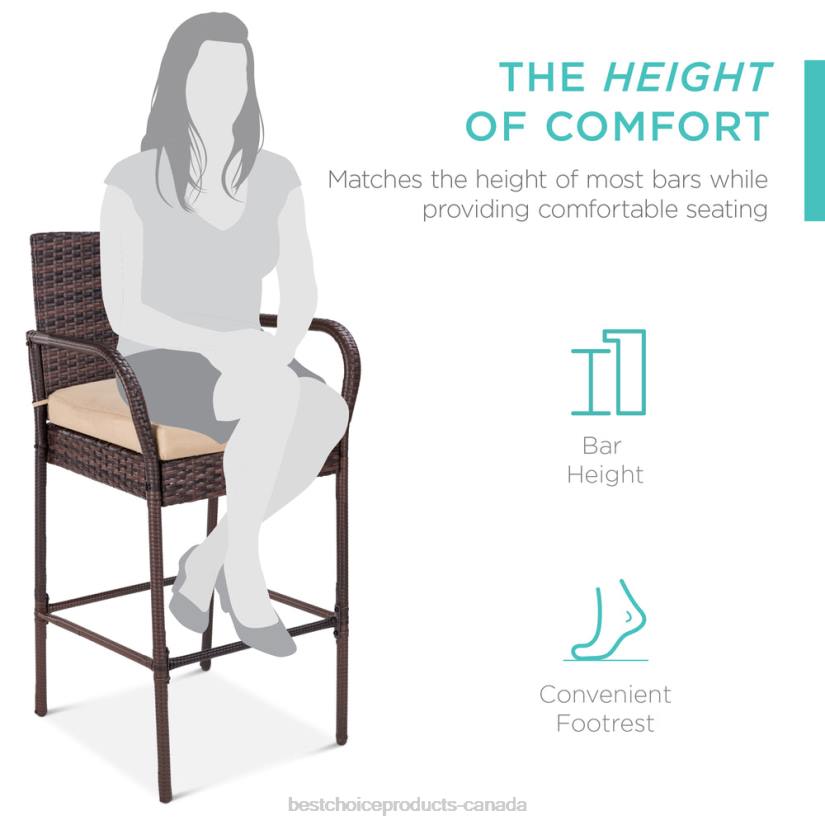 4LT2934 Brown Best Choice Products Set of 2 Indoor Outdoor Wicker Bar Stools w/ Cushion, Footrests, Armrests