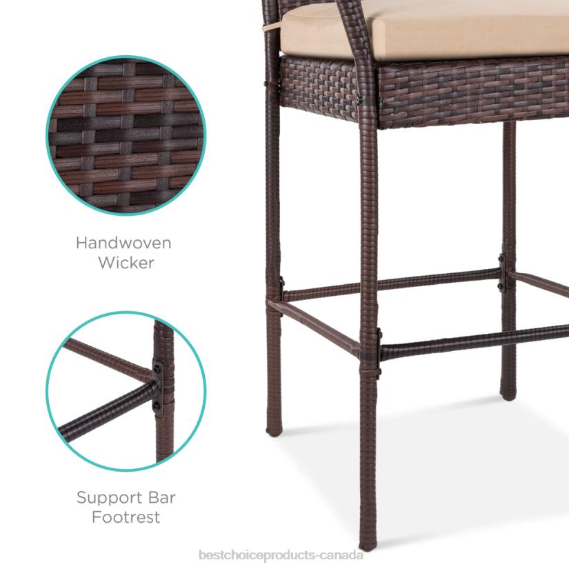 4LT2934 Brown Best Choice Products Set of 2 Indoor Outdoor Wicker Bar Stools w/ Cushion, Footrests, Armrests