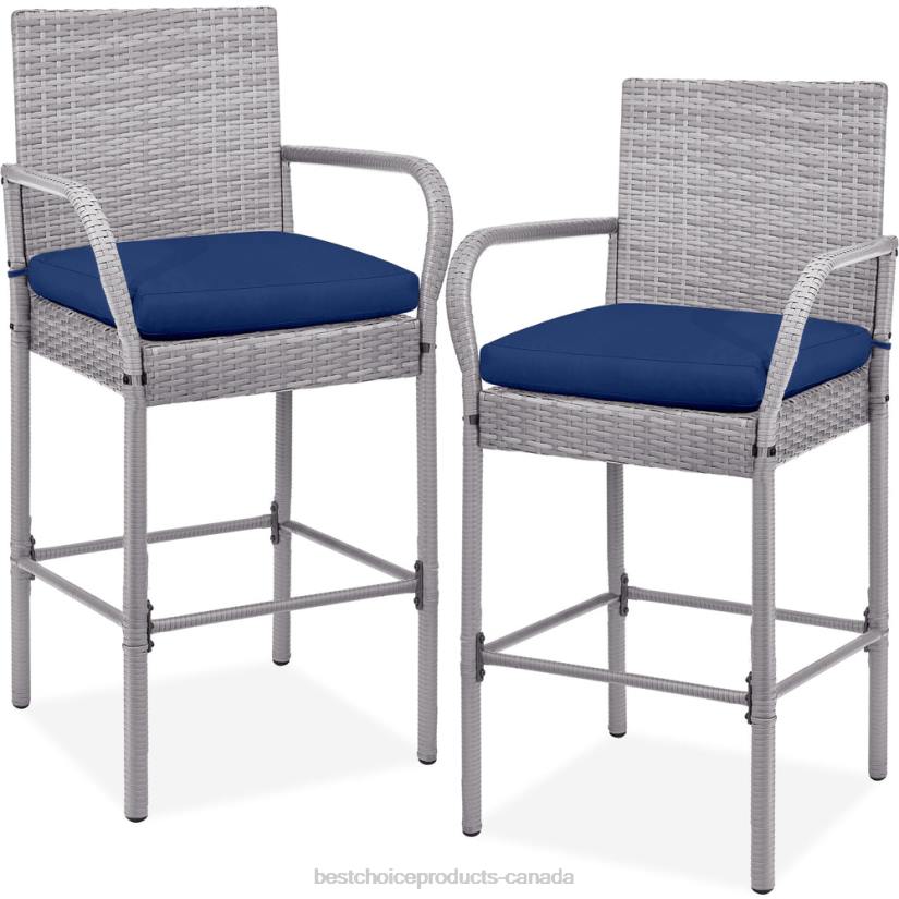4LT2935 Gray Best Choice Products Set of 2 Indoor Outdoor Wicker Bar Stools w/ Cushion, Footrests, Armrests