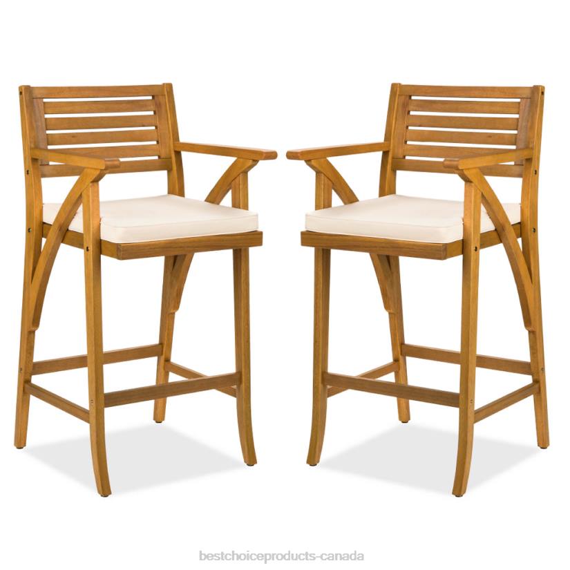 4LT2937 Brown Best Choice Products Set of 2 Outdoor Acacia Wood Bar Stools Chairs w/ Weather-Resistant Cushions