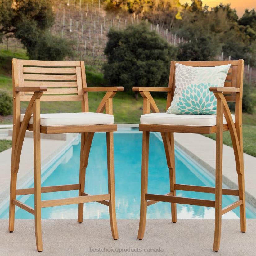 4LT2937 Brown Best Choice Products Set of 2 Outdoor Acacia Wood Bar Stools Chairs w/ Weather-Resistant Cushions