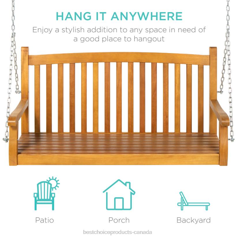 4LT2942 Brown Best Choice Products Wooden Curved Back Hanging Porch Swing Bench w/ Mounting Chains