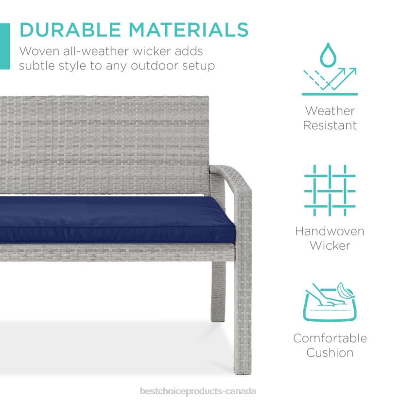 4LT2946 Gray/Navy Best Choice Products 2-Person Wicker Porch Bench for Outdoor, Garden w/ 700lb Capacity