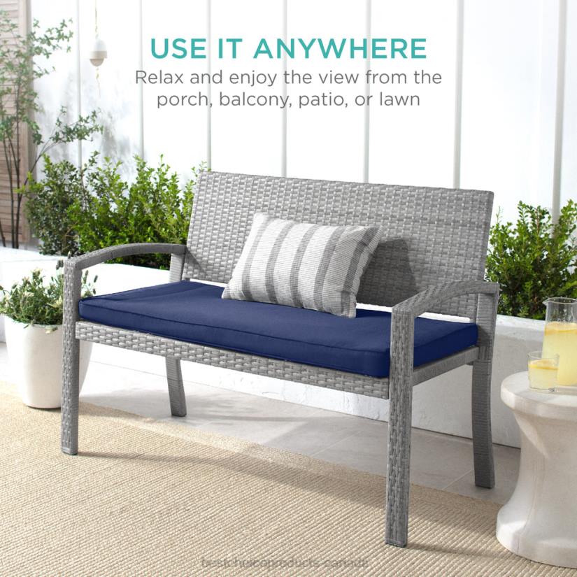 4LT2946 Gray/Navy Best Choice Products 2-Person Wicker Porch Bench for Outdoor, Garden w/ 700lb Capacity