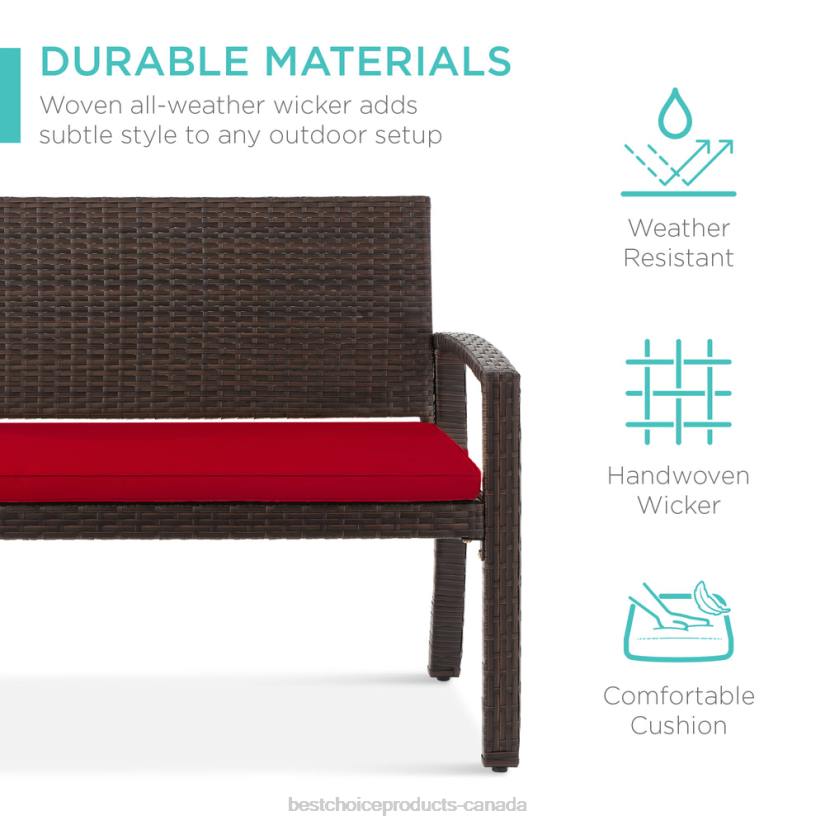 4LT2949 Brown/Red Best Choice Products 2-Person Wicker Porch Bench for Outdoor, Garden w/ 700lb Capacity