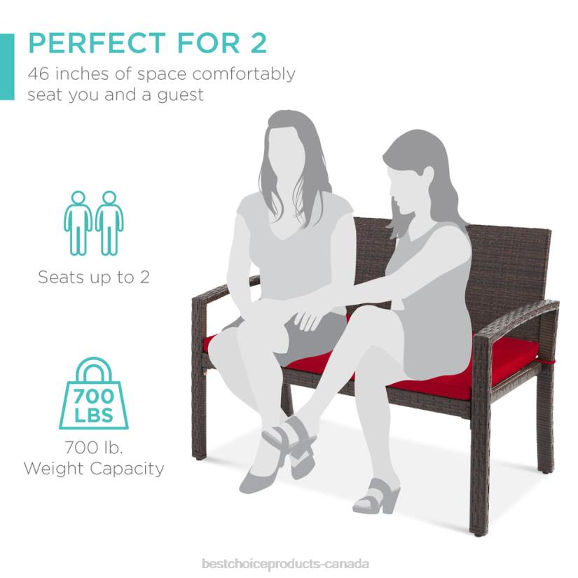 4LT2949 Brown/Red Best Choice Products 2-Person Wicker Porch Bench for Outdoor, Garden w/ 700lb Capacity