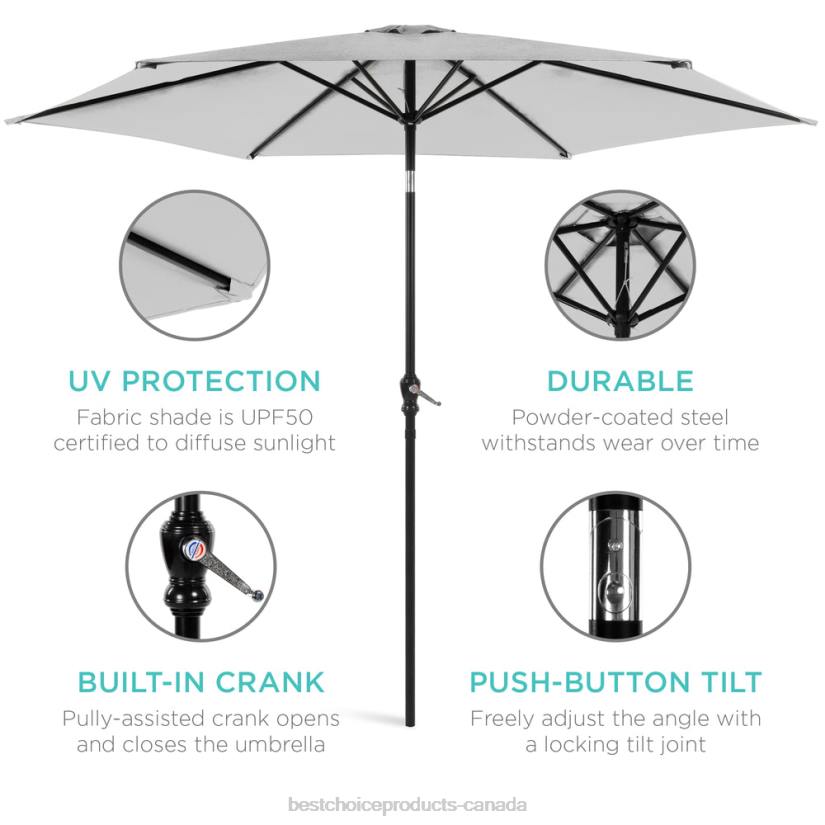 4LT21378 Fog Gray Best Choice Products Outdoor Steel Market Patio Umbrella Decoration w/ Tilt, Crank Lift
