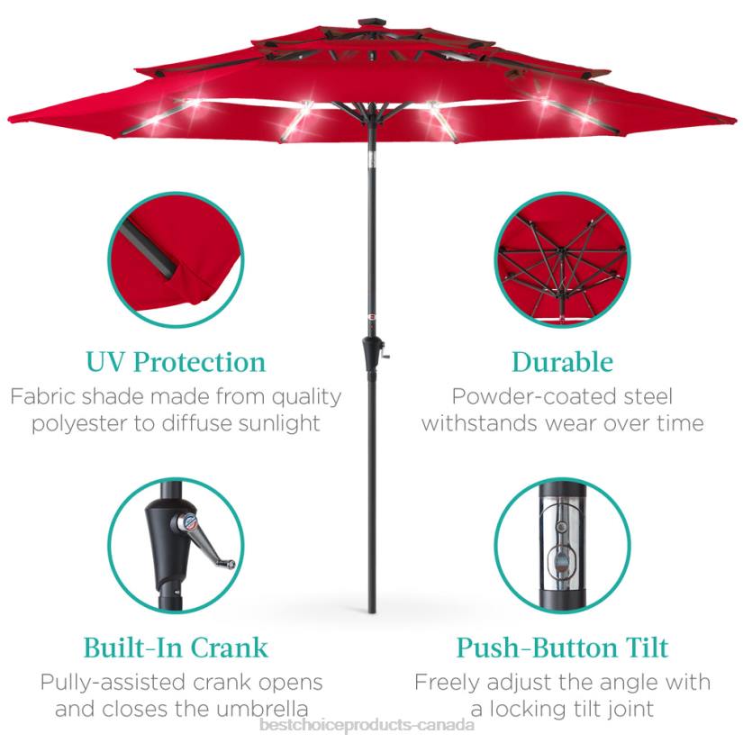 4LT21474 Red Best Choice Products 3-Tier Solar Patio Umbrella w/ LED Lights, Tilt Adjustment, Crank