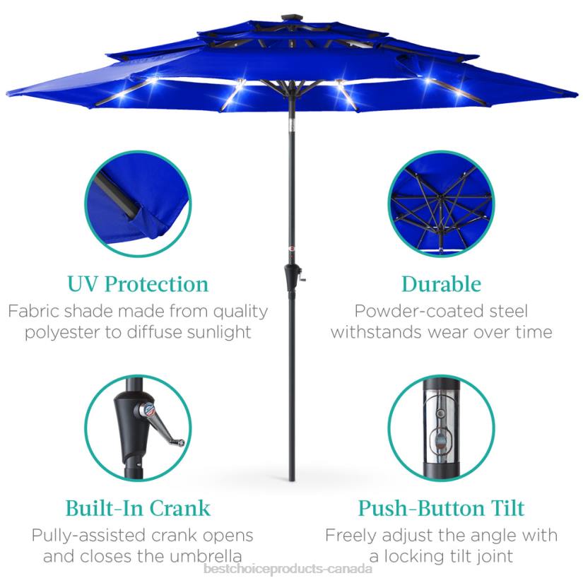 4LT21475 Resort Blue Best Choice Products 3-Tier Solar Patio Umbrella w/ LED Lights, Tilt Adjustment, Crank