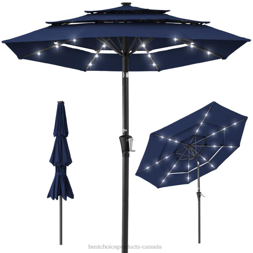 4LT21476 Navy Best Choice Products 3-Tier Solar Patio Umbrella w/ LED Lights, Tilt Adjustment, Crank