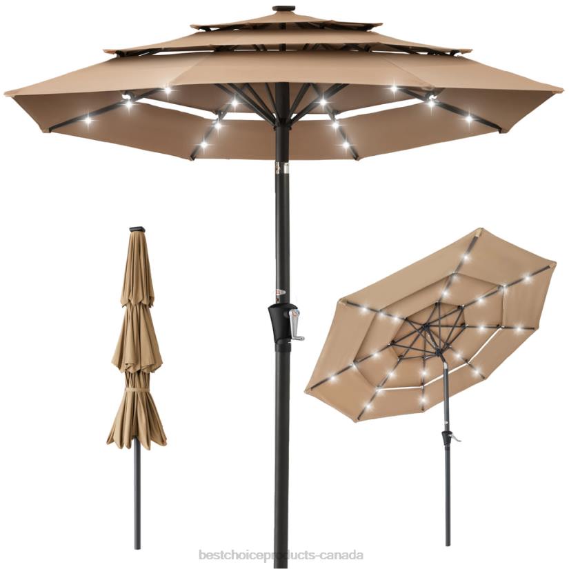 4LT21477 Tan Best Choice Products 3-Tier Solar Patio Umbrella w/ LED Lights, Tilt Adjustment, Crank