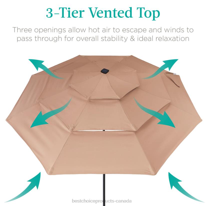 4LT21477 Tan Best Choice Products 3-Tier Solar Patio Umbrella w/ LED Lights, Tilt Adjustment, Crank