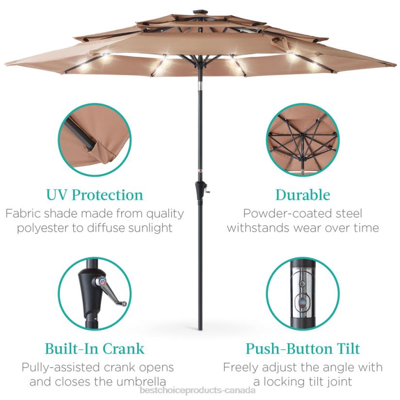 4LT21477 Tan Best Choice Products 3-Tier Solar Patio Umbrella w/ LED Lights, Tilt Adjustment, Crank