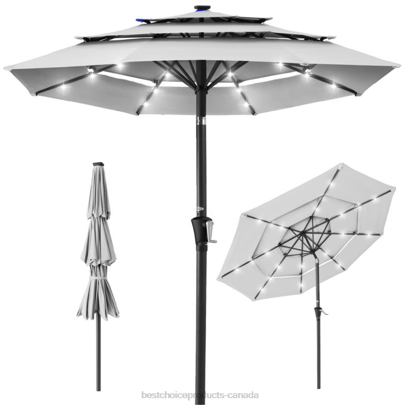 4LT21478 Fog Gray Best Choice Products 3-Tier Solar Patio Umbrella w/ LED Lights, Tilt Adjustment, Crank