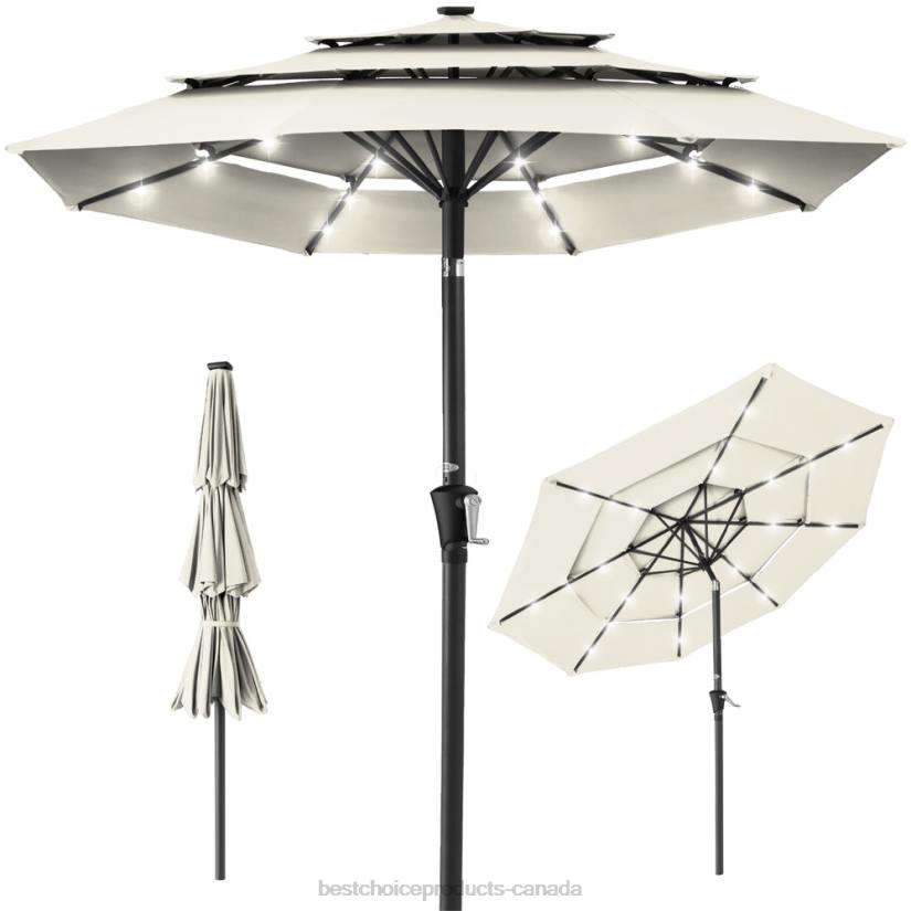 4LT21479 Ivory Best Choice Products 3-Tier Solar Patio Umbrella w/ LED Lights, Tilt Adjustment, Crank