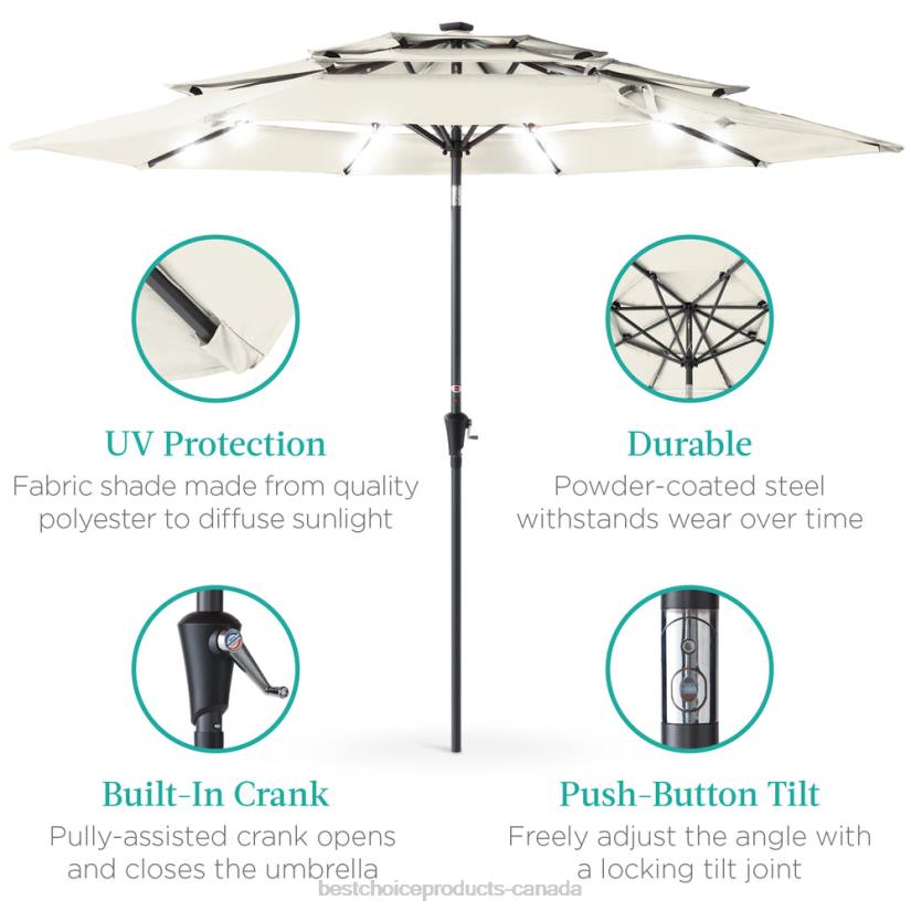 4LT21479 Ivory Best Choice Products 3-Tier Solar Patio Umbrella w/ LED Lights, Tilt Adjustment, Crank