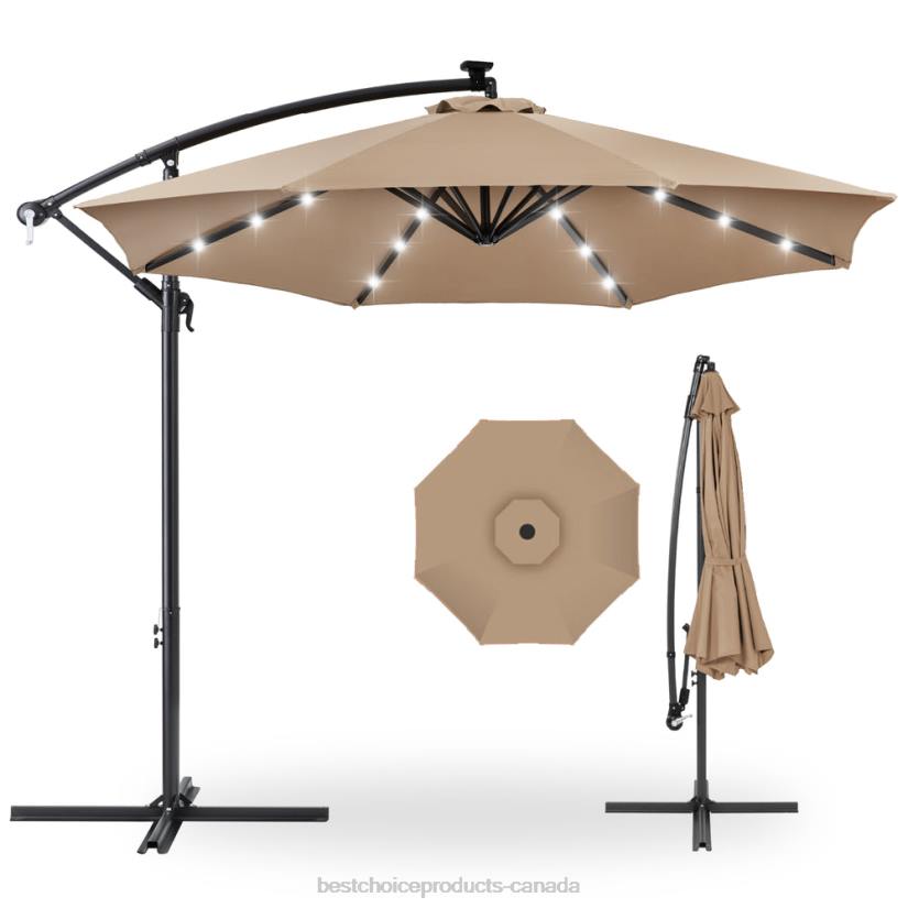 4LT2841 Tan Best Choice Products Solar LED Offset Hanging Patio Umbrella w/ Crank Tilt Adjustment
