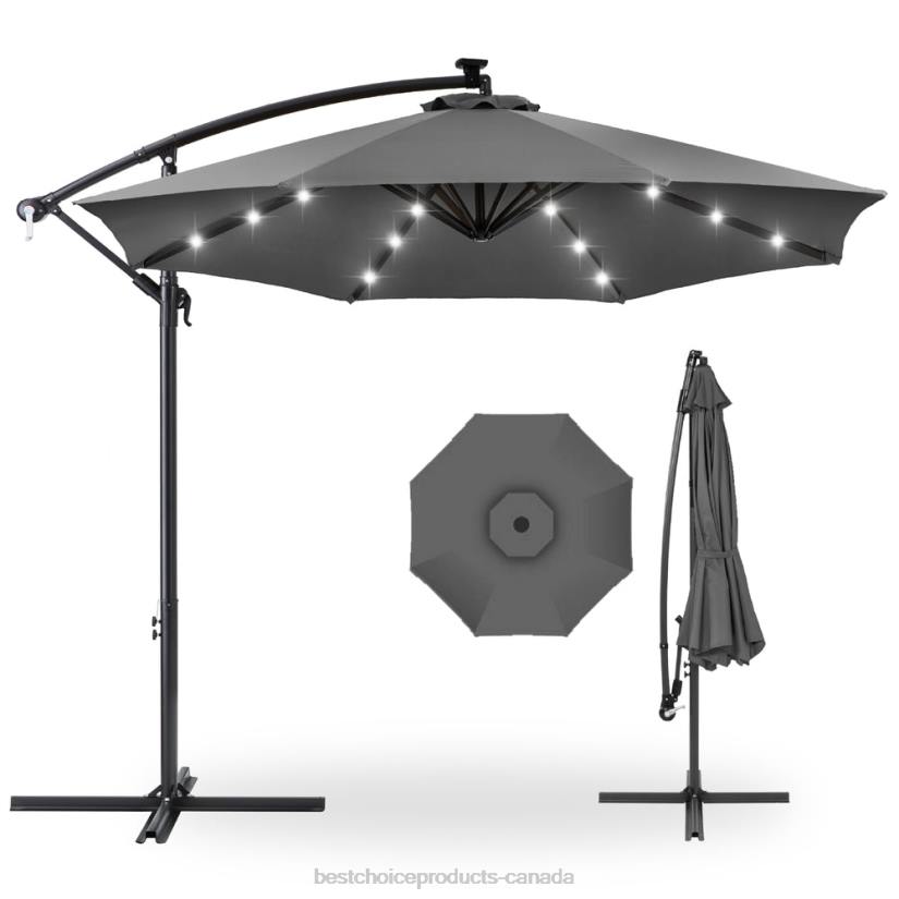 4LT2847 Gray Best Choice Products Solar LED Offset Hanging Patio Umbrella w/ Crank Tilt Adjustment