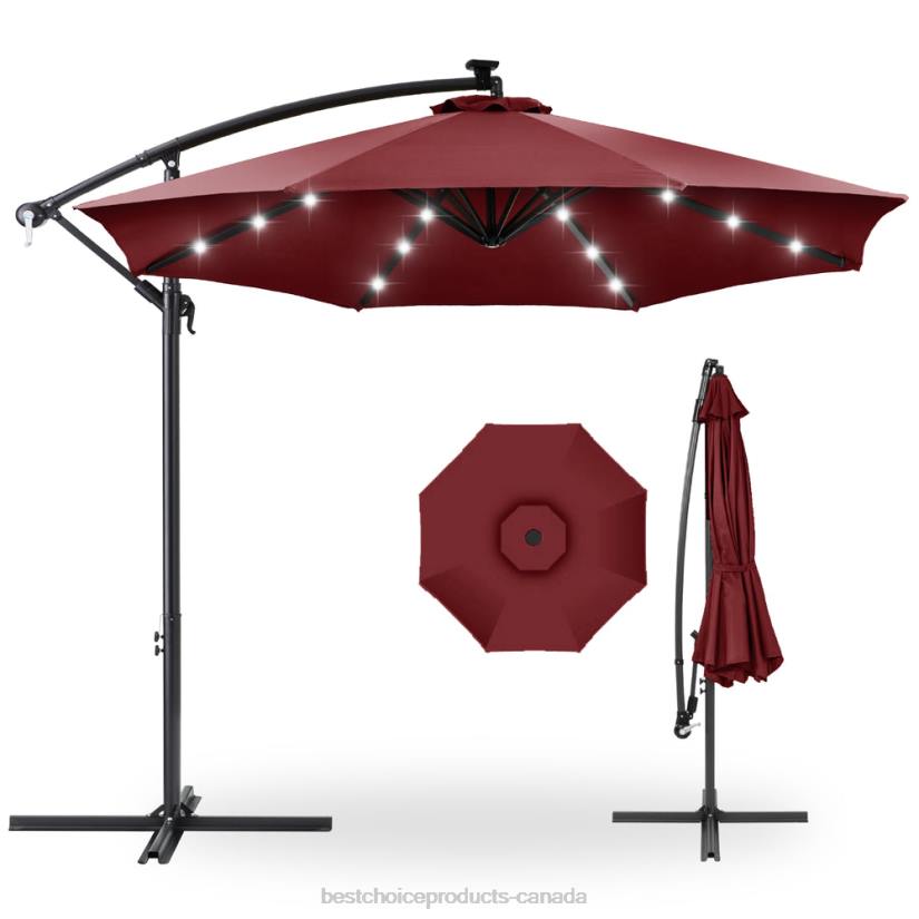 4LT2848 Burgundy Best Choice Products Solar LED Offset Hanging Patio Umbrella w/ Crank Tilt Adjustment