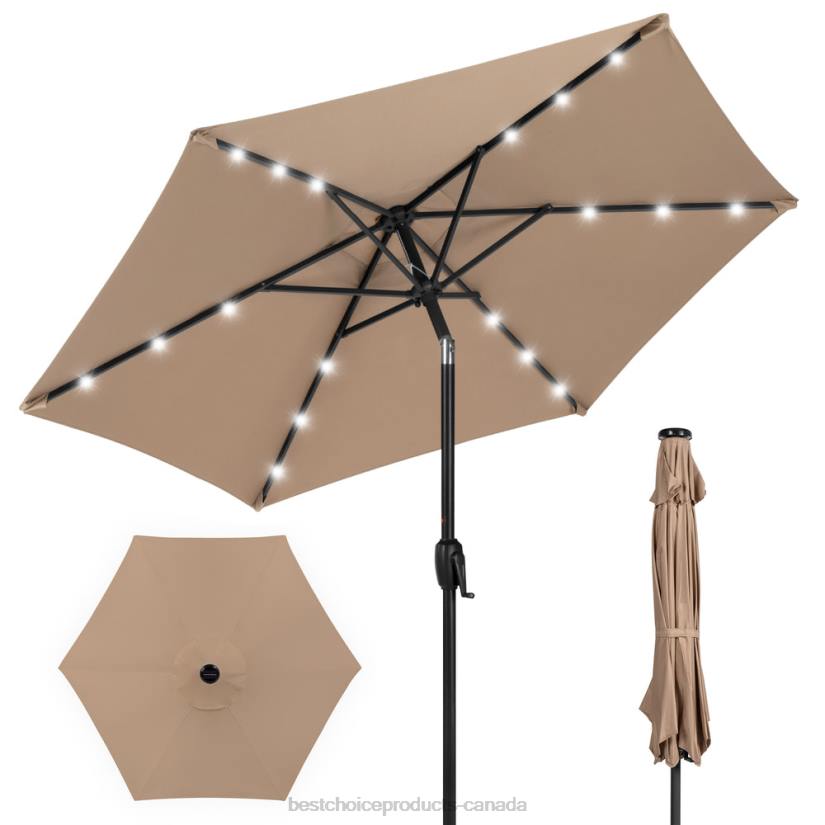 4LT2857 Tan Best Choice Products Outdoor Solar Patio Umbrella w/ Push Button Tilt, Crank Lift