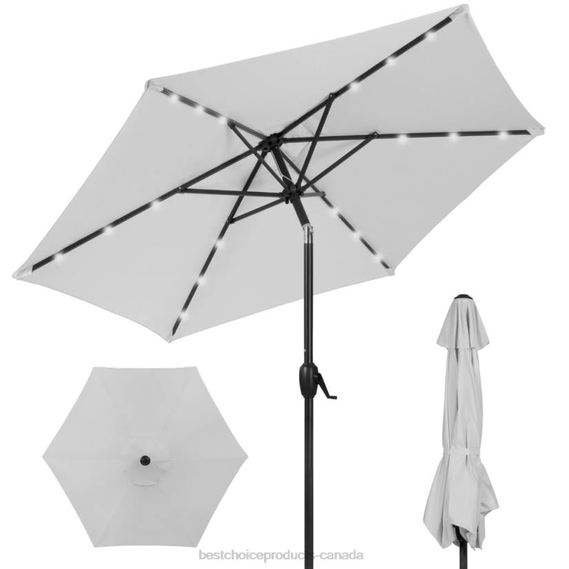 4LT2866 Fog Grey Best Choice Products Outdoor Solar Patio Umbrella w/ Push Button Tilt, Crank Lift