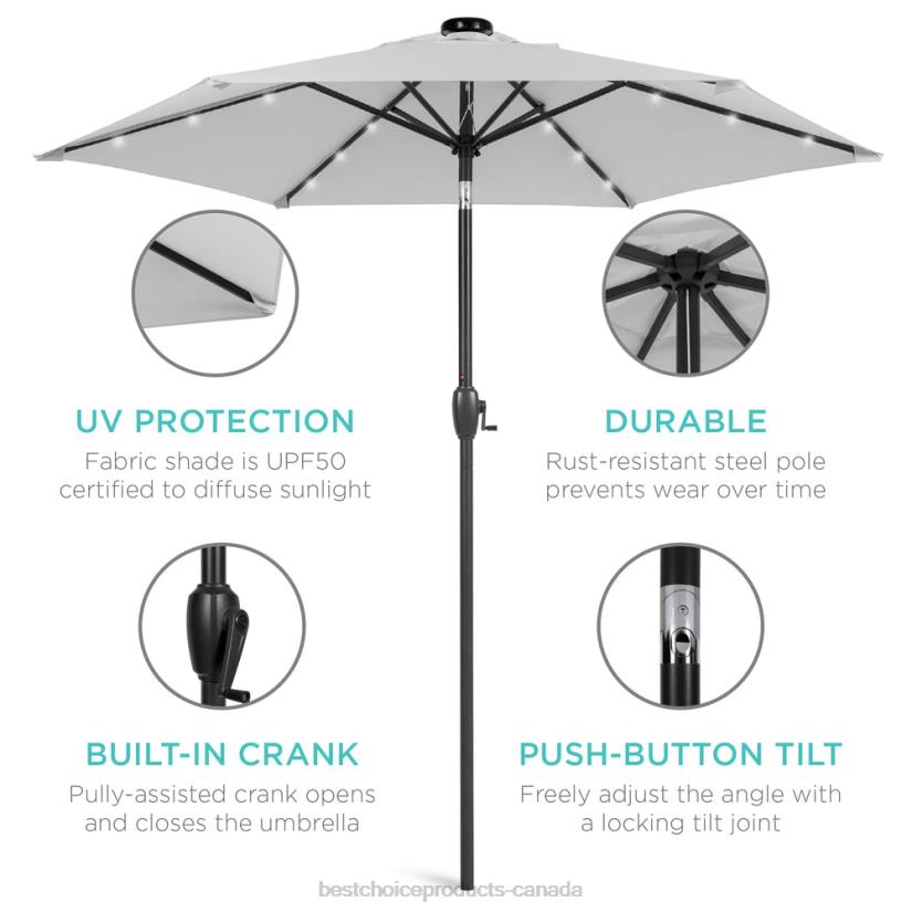 4LT2866 Fog Grey Best Choice Products Outdoor Solar Patio Umbrella w/ Push Button Tilt, Crank Lift