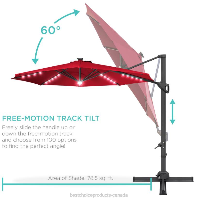 4LT2887 Red Best Choice Products 360-Degree Solar LED Cantilever Offset Patio Umbrella w/ Tilt