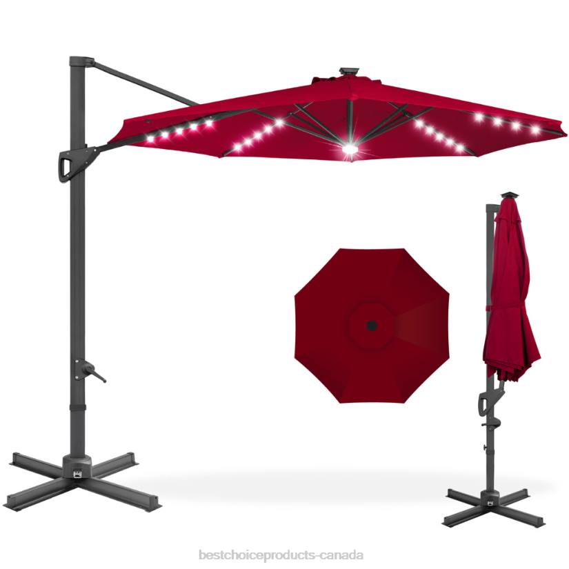 4LT2888 Burgundy Best Choice Products 360-Degree Solar LED Cantilever Offset Patio Umbrella w/ Tilt