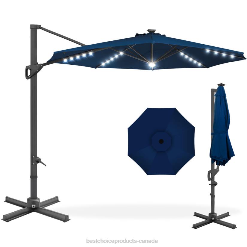 4LT2890 Navy Blue Best Choice Products 360-Degree Solar LED Cantilever Offset Patio Umbrella w/ Tilt