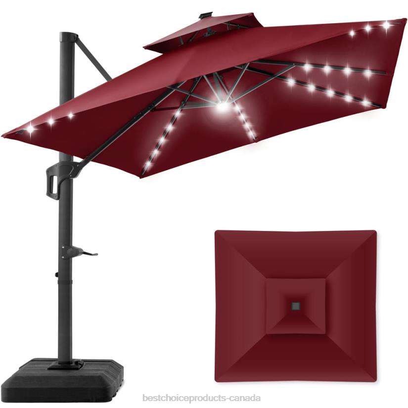 4LT2899 Burgundy Best Choice Products 2-Tier Square LED Cantilever Offset Umbrella w/ 360 Rotation, Base