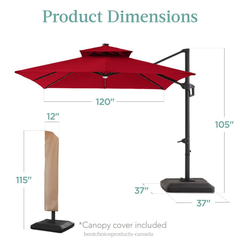 4LT2901 Red Best Choice Products 2-Tier Square LED Cantilever Offset Umbrella w/ 360 Rotation, Base