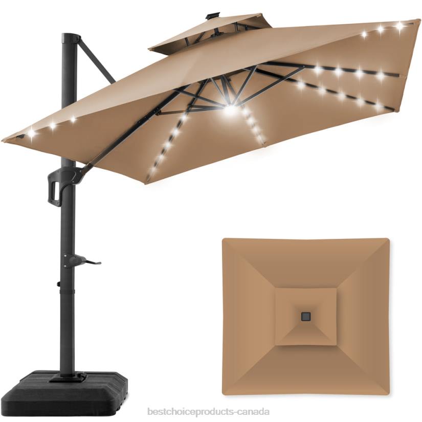 4LT2903 Tan Best Choice Products 2-Tier Square LED Cantilever Offset Umbrella w/ 360 Rotation, Base