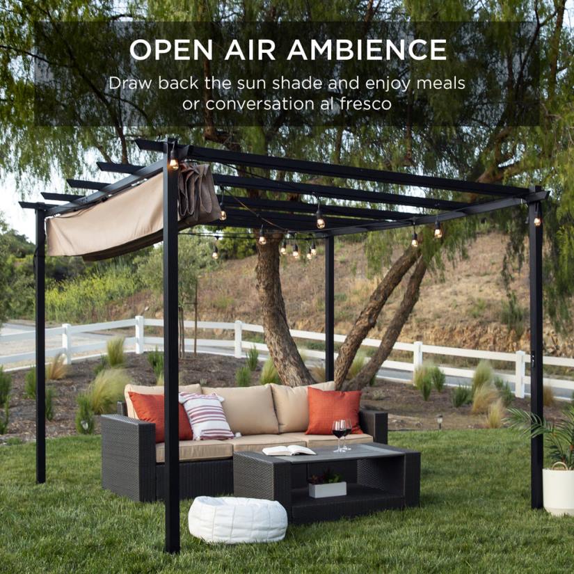 4LT21444 Black Best Choice Products Outdoor Pergola, Patio Shelter w/ Retractable Canopy, Steel Frame