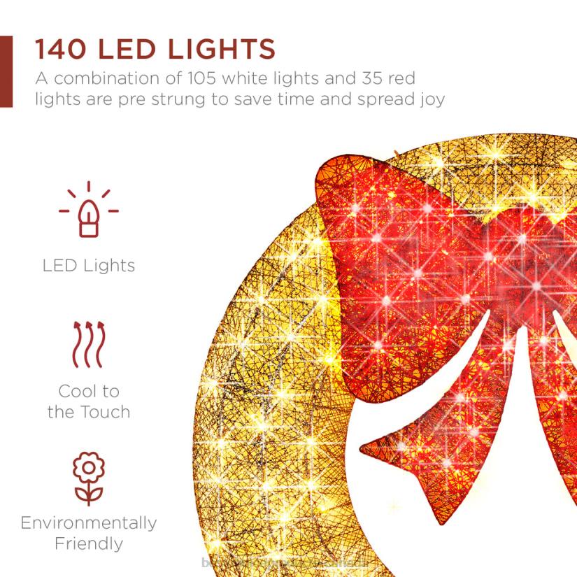 4LT2123 Gold/Red Best Choice Products Pre-Lit Outdoor Christmas Wreath, LED Metal Holiday Decor w/ Bow